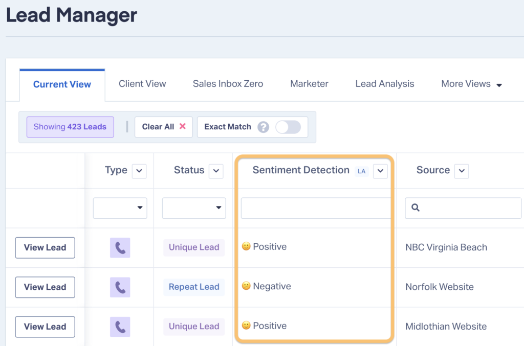 Screenshot of Sentiment Detection in the Lead Manager.