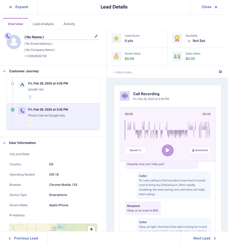 Screenshot of the Lead Details page in WhatConverts showing how customers can listen to individual call recordings and read transcripts.