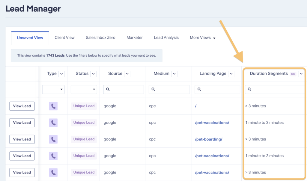 Screenshot of where to find phone call duration segments in the Lead Manager.