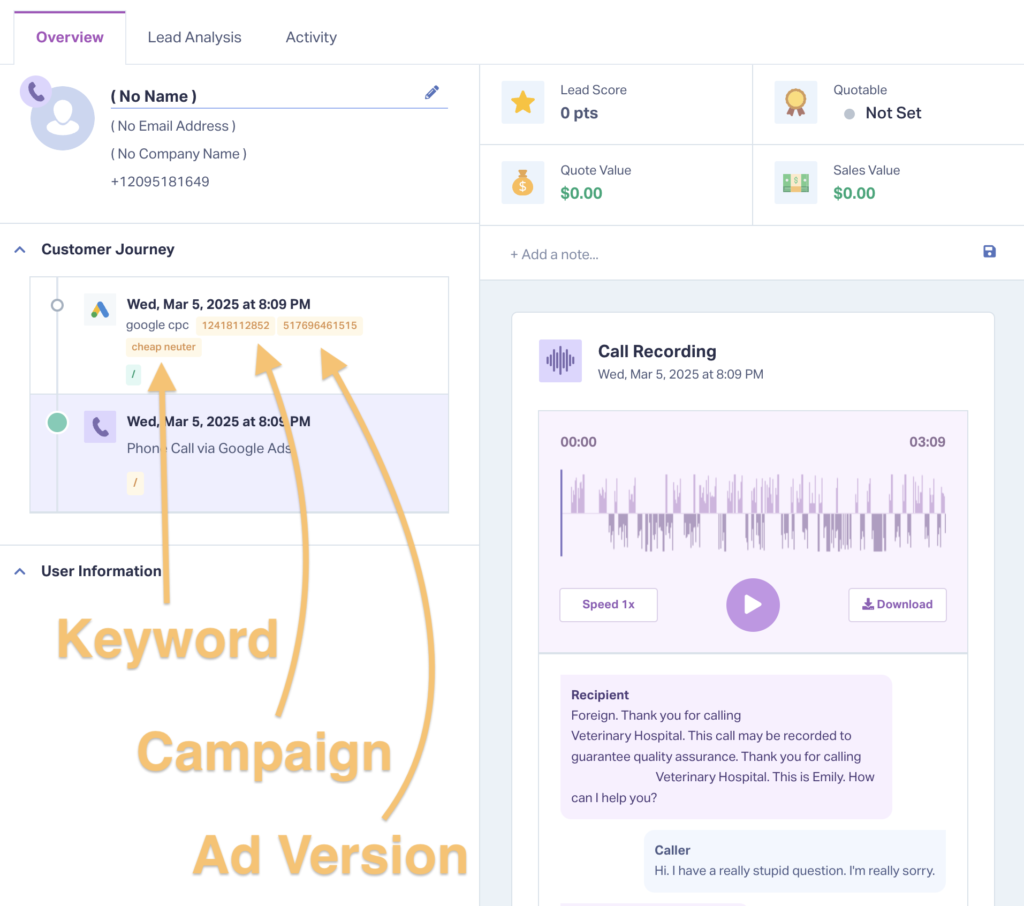 Screenshot of the Lead Details page showing the granular data in the Lead Details page that WhatConverts collects. Includes source, medium, campaign, ad variation, keyword, and more.