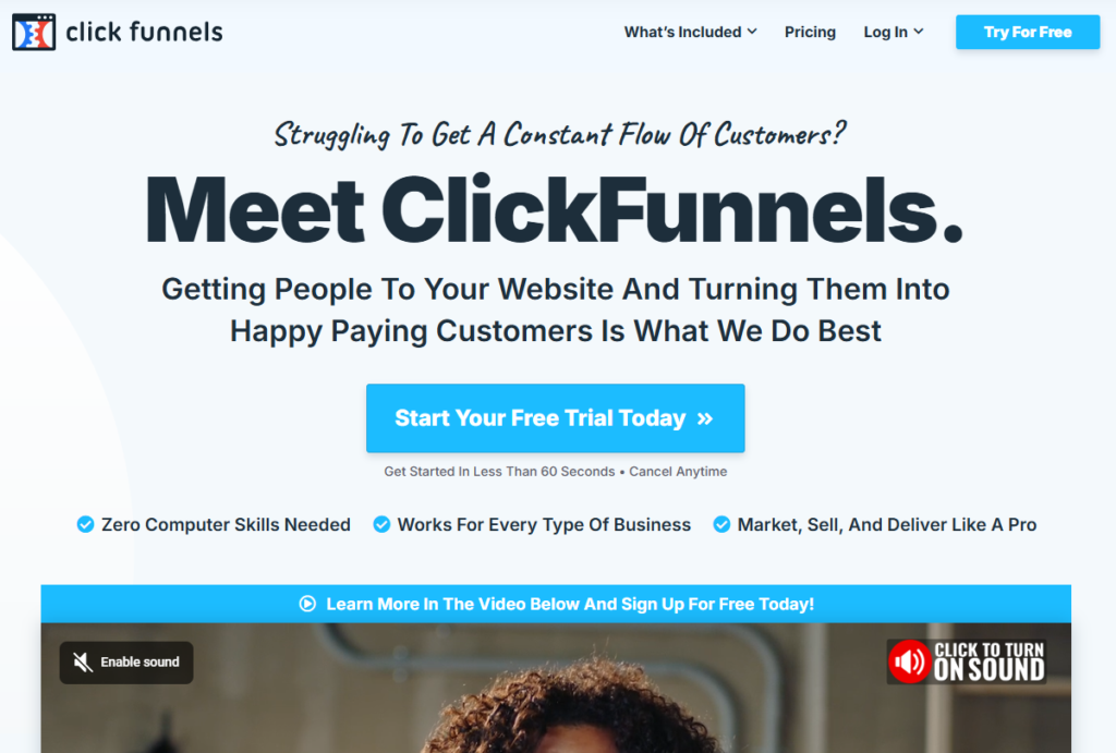The ClickFunnels homepage has a slogan: "Meet ClickFunnels. Getting People To Your Website And Turning Them Into Happy Paying Customers Is What We Do Best."