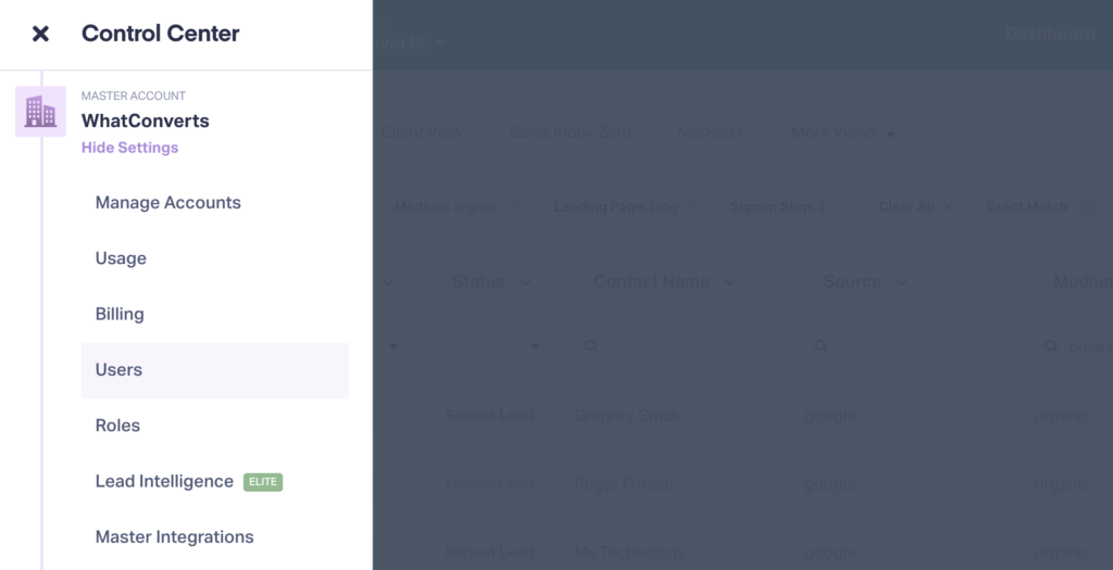Screenshot of how to get to the Users setting inside WhatConverts from the Control Center.