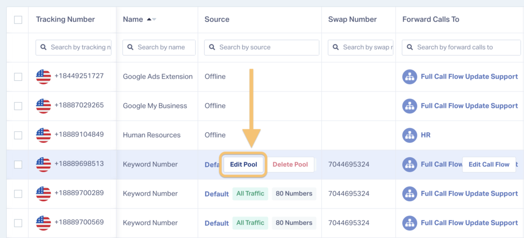 Screenshot of how to edit your tracking number pool.