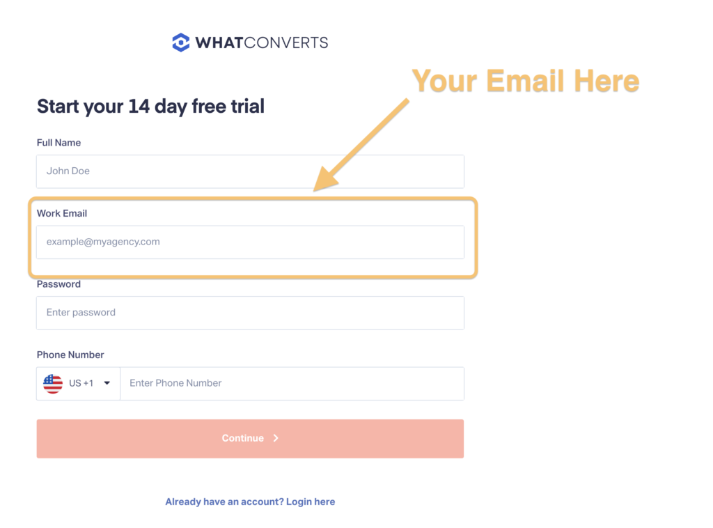 Screenshot of a WhatConverts trial signup page showing where to put in an agency's email address when setting up an account for a client.