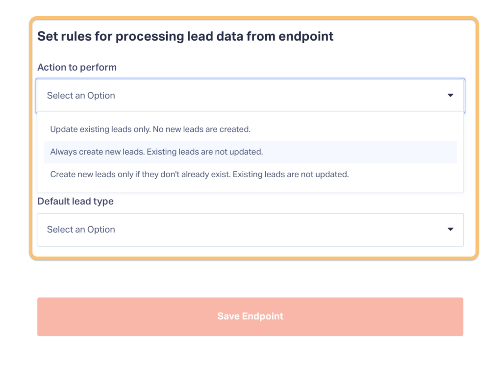 Screenshot of different processing rules for Endpoints in WhatConverts