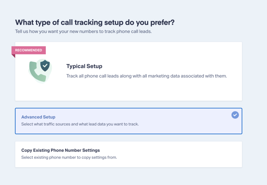 Screenshot of how to select Advanced Setup inside WhatConverts.