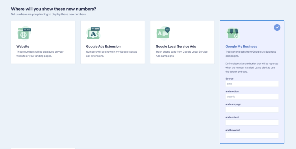 Screenshot of where GMB call tracking setup is when setting up a new number for an existing account.