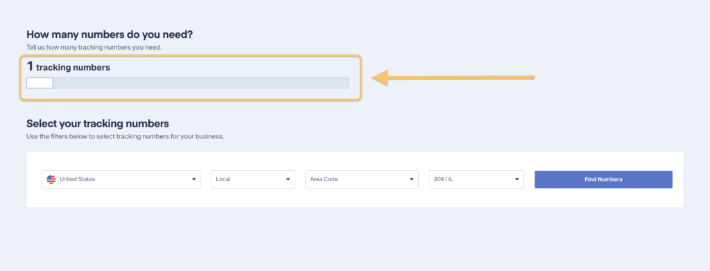 Screenshot of selecting just one call tracking number in WhatConverts.