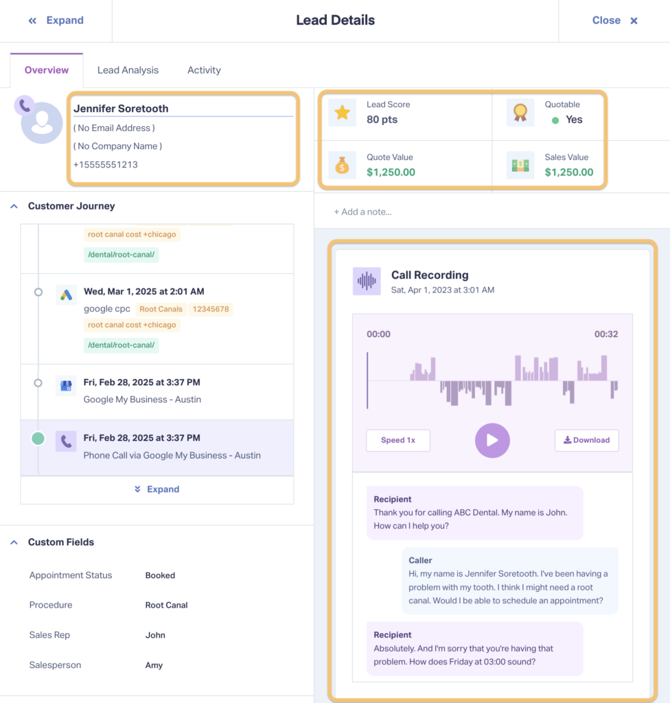 Screenshot of the Lead Details page that shows call recordings, caller name, and other valuable qualification information. 
