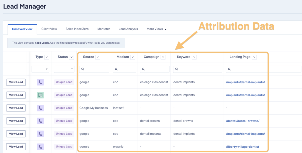 Screenshot of attribution data found in the WhatConverts Lead Manager.