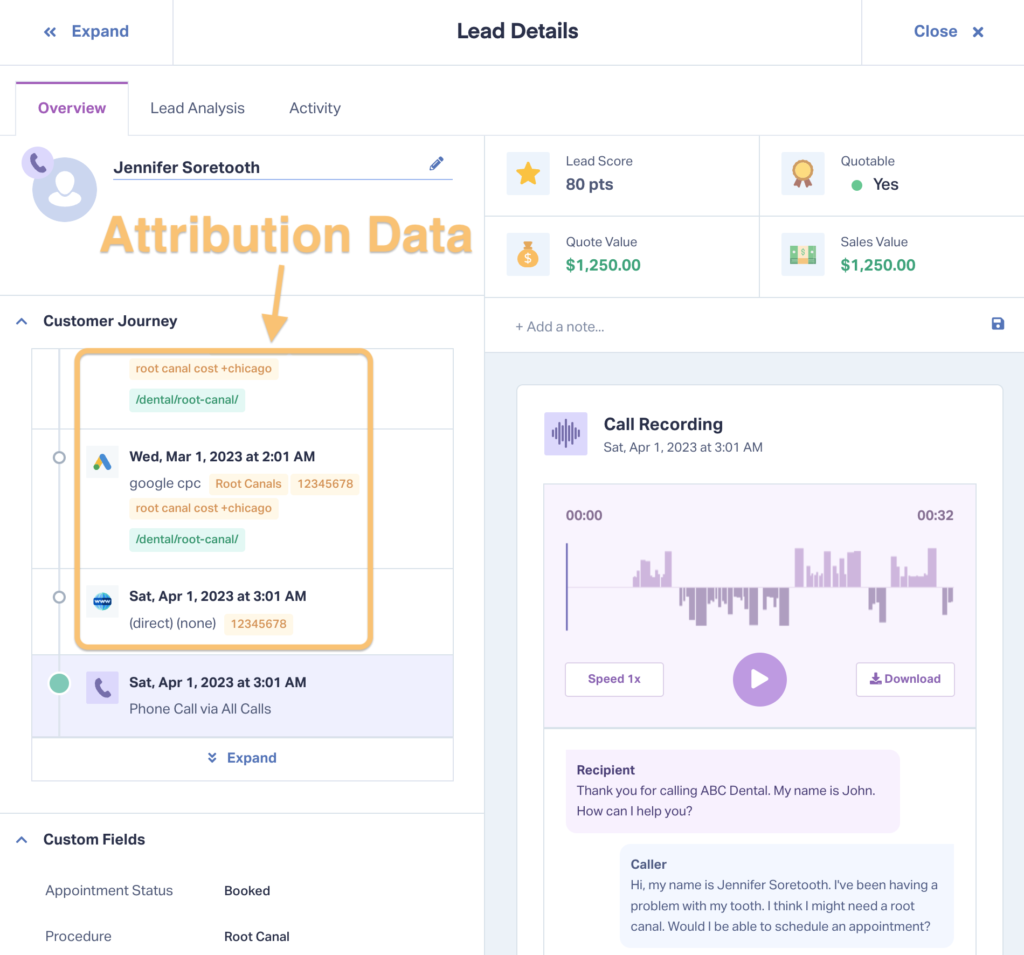 Screenshot of attribution data found in the WhatConverts Lead Details page.