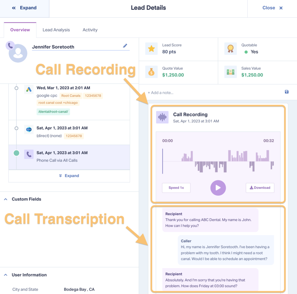 Screenshot of call recording and transcription data found in the WhatConverts Lead Details page.