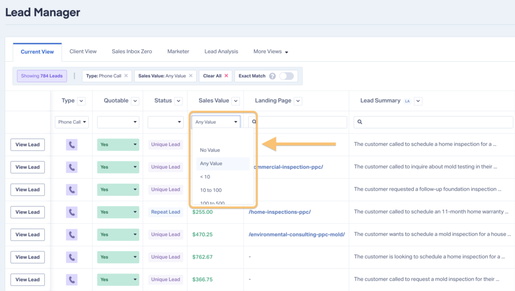 Screenshot of the Lead Manager showing how to filter leads by only ones that have a sales value.