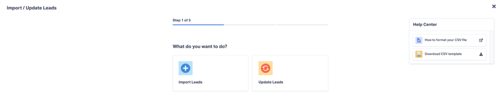 Screenshot of the Lead Import/Update tool showing Import Leads and Update Leads options with Help Center sidebar displaying CSV formatting guide and template download links.