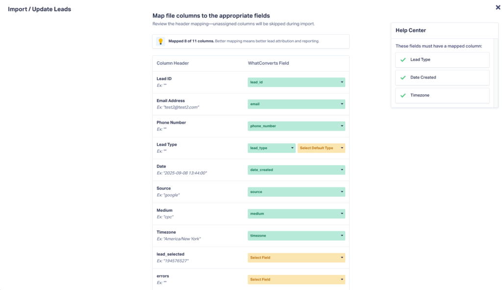 Screenshot of the column mapping interface showing auto-mapped fields in green dropdowns and unmapped fields in yellow Select Field dropdowns, with Help Center sidebar displaying required fields with checkmarks.
