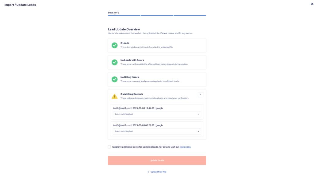 Screenshot of the Lead Update Overview page showing the expanded Matching Records section with dropdown menus for selecting the correct lead to update from multiple matches.