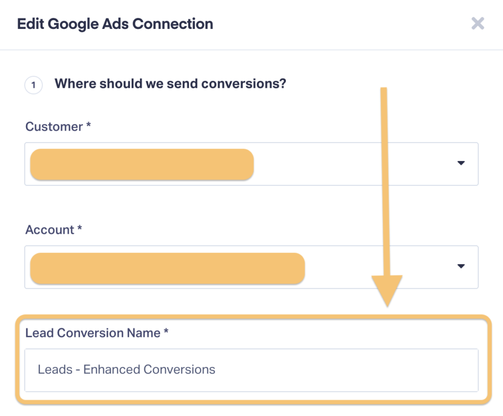 Screenshot of the Google Ads integration, showing how to name your custom conversion so it can register in Google.