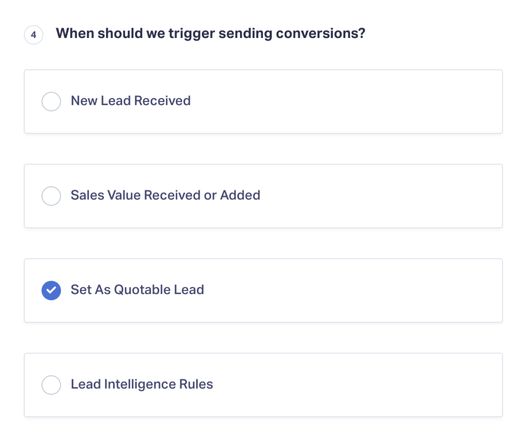 Screenshot of the Google Ads integration in WhatConverts where you can choose which conversion trigger to use so you can train Google's algorithm to target higher quality leads.