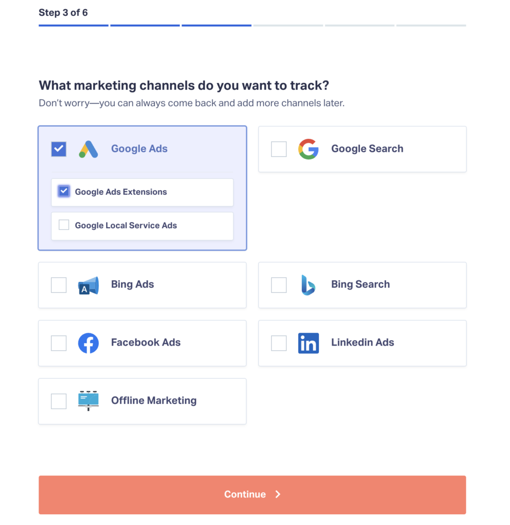 Screenshot showing the onboarding step of selecting marketing channels. Based on these selections, WhatConverts will allocate the proper amount of tracking numbers so you can get started more quickly. 