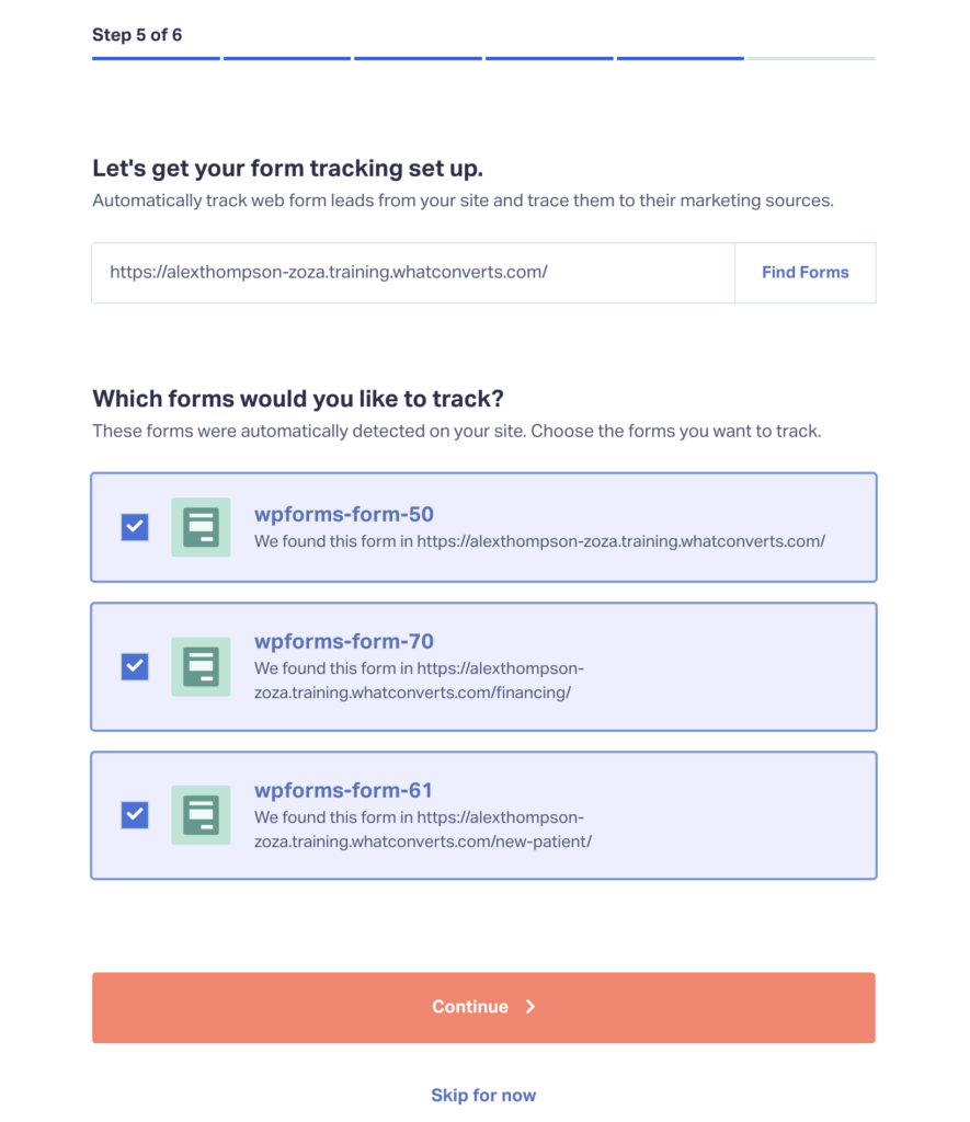 Screenshot showing the auto form detection feature in the onboarding process. Here it has automatically detected three forms with only a URL input.
