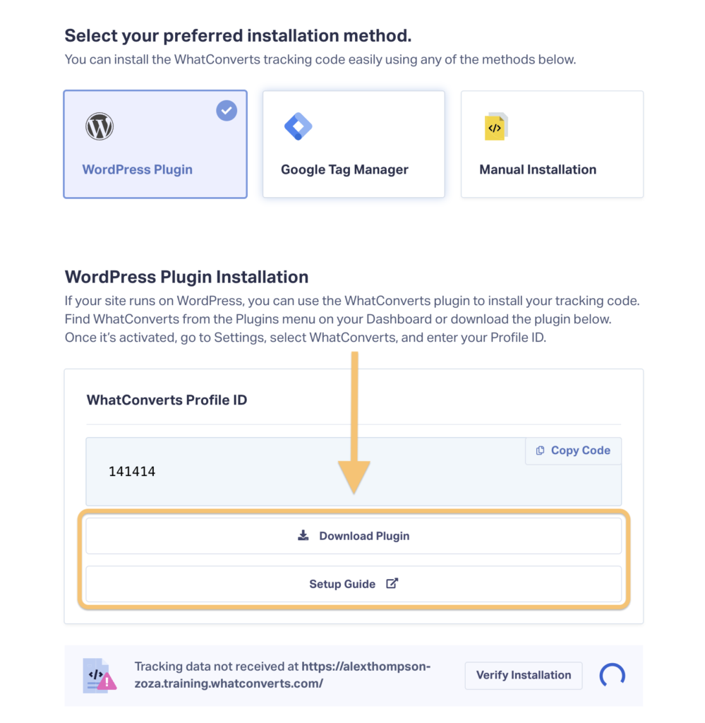 Screenshot showing the help resources that appear during the WhatConverts onboarding process.