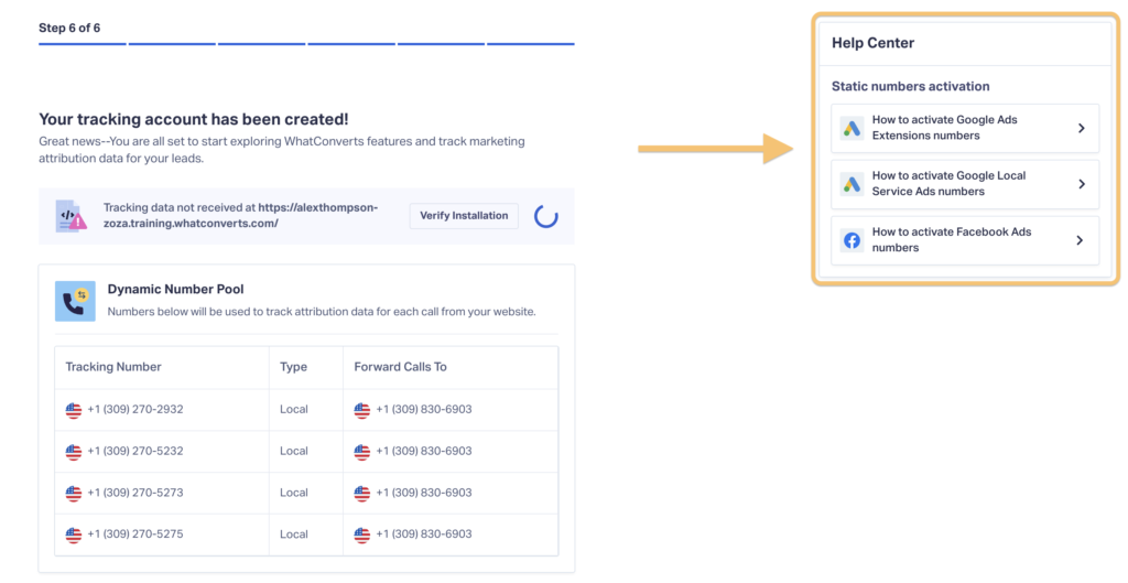Screenshot showing the help resources that appear during the WhatConverts onboarding process.