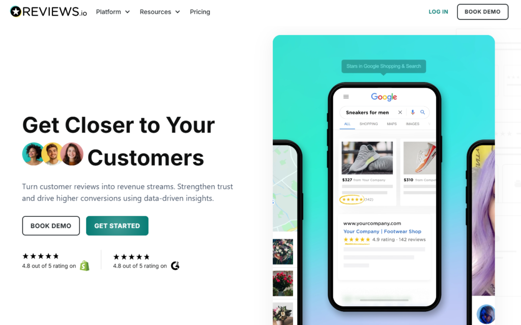 REVIEWS.io's homepage has a slogan: "Get Closer to Your Customers"