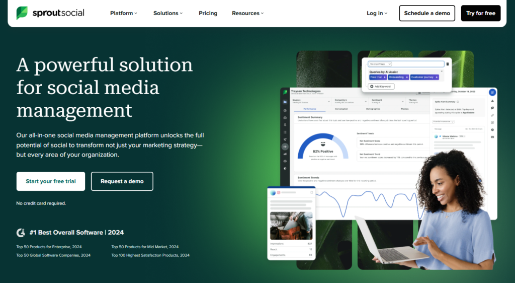 Sprout Social's homepage has a slogan: "A powerful solution for social media management."