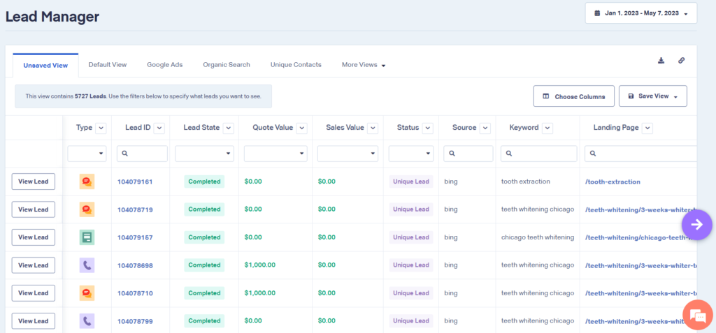 WhatConverts' Lead Manager organizes granular details about leads in a filterable list format.
