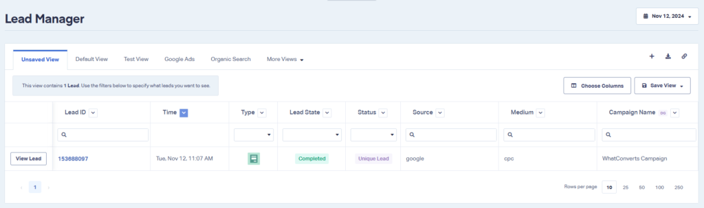 A screenshot showing a lead and the Campaign Name dimension group on the Leads page