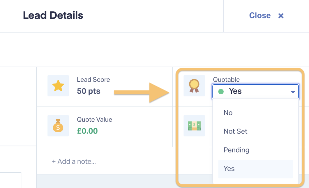 Screenshot of WhatConverts tool showing how users can mark a lead as quotable or not quotable.