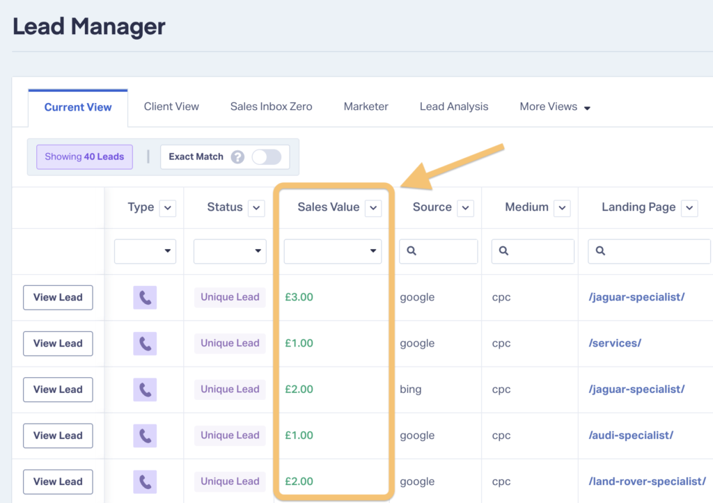 Screenshot of WhatConverts tool showing how users can easily see sales value on an individual lead level within the Lead Manager.