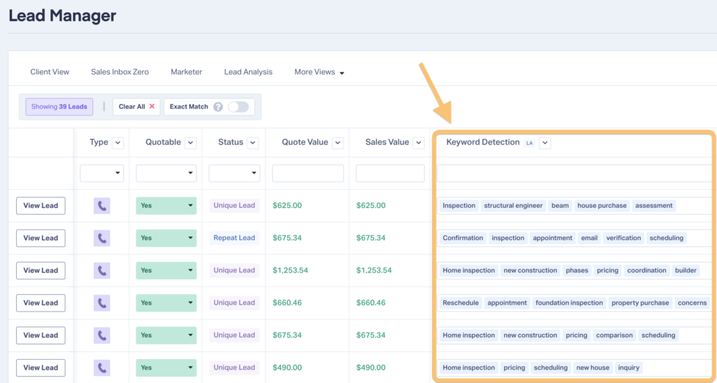 Screenshot of WhatConverts Lead Manager showing the Keyword Detection column.
