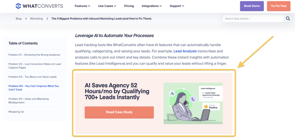 Screenshot of WhatConverts using Case Studies in the blog content.