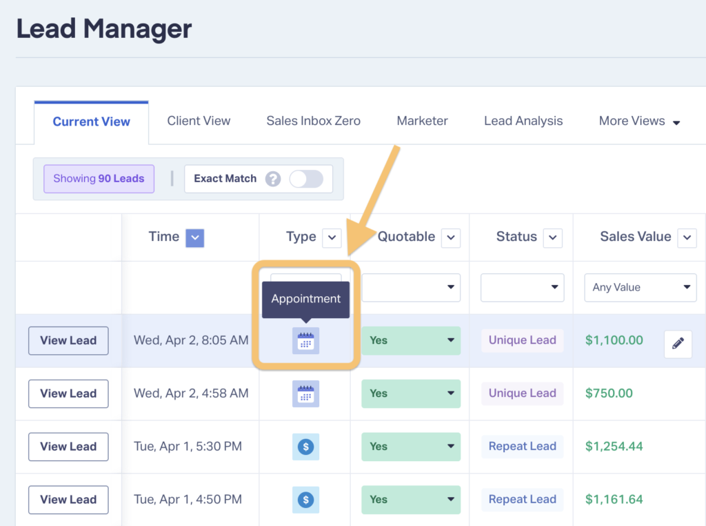 Screenshot of what Appointment conversion types look like inside the WhatConverts Lead Manager, making it very useful for Calendly conversion tracking.