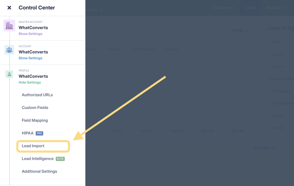 Screenshot of where to find the Lead Import Tool in WhatConverts.