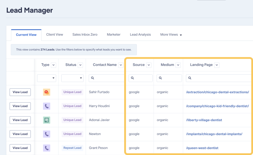 Screenshot of the Lead Manager in WhatConverts showing where to find attribution information like source, medium, and landing page.