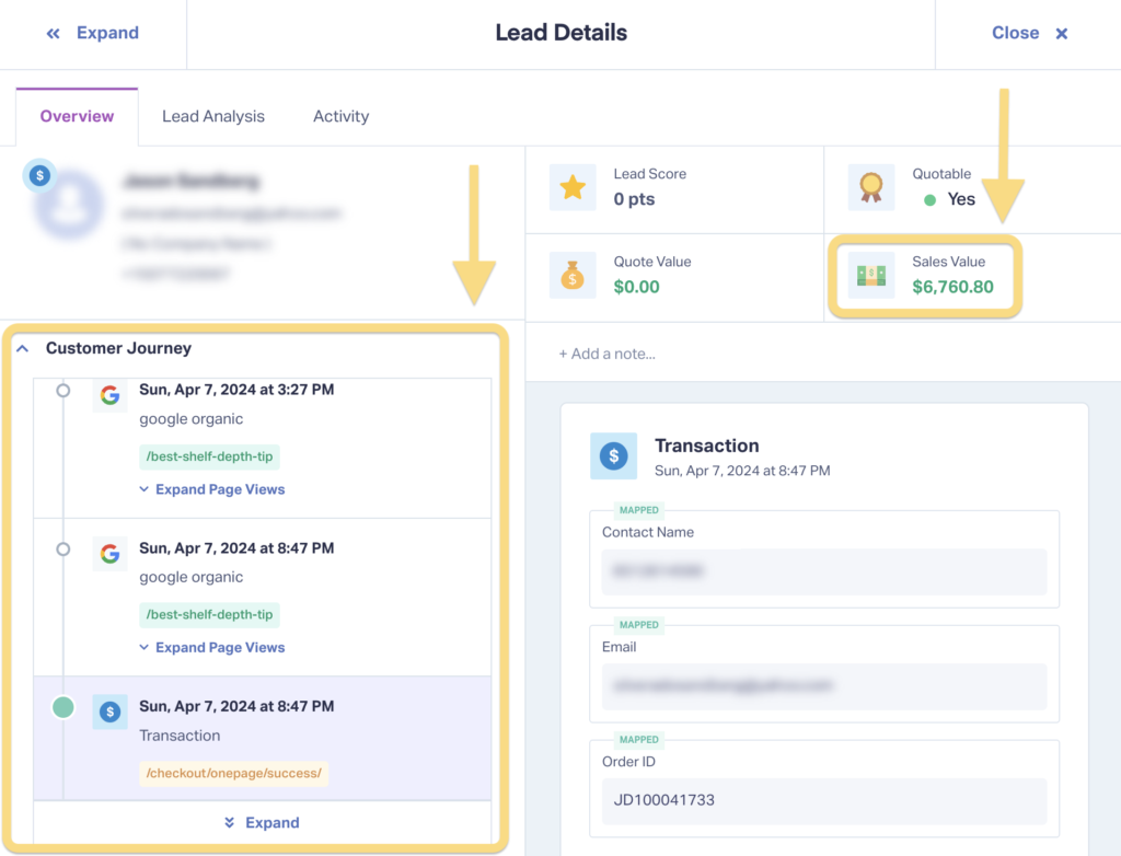 Screenshot of the Lead Details page showing where to find the Customer Journey and the Sales Value of each transaction.