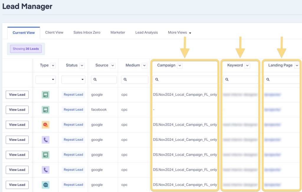 Screenshot showing how WhatConverts users can see valuable marketing attribution data like keyword and campaign on an individual lead basis. 