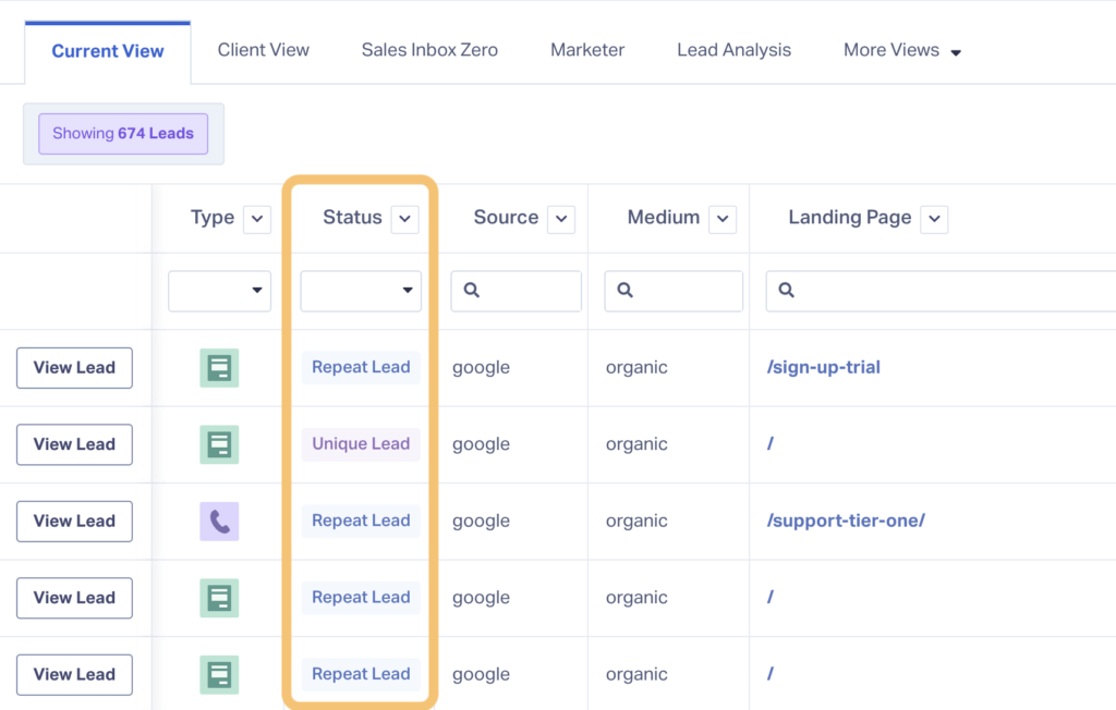 Screenshot of WhatConverts platform showing how to sort the lead manager by lead status so you can see repeat vs unique leads.