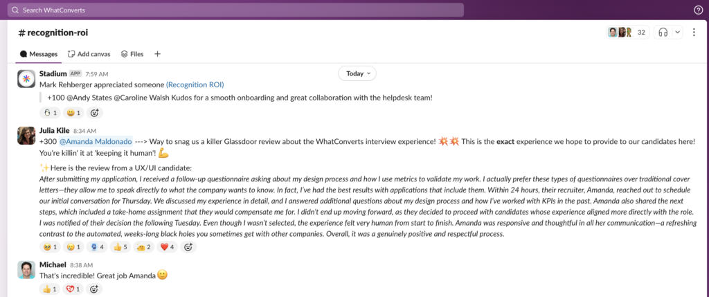 Screenshot of WhatConverts Slack showing employee recognition messages.