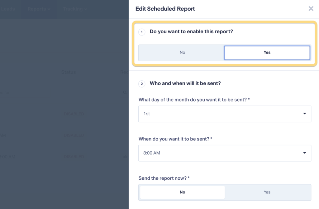 Screenshot of how to enable a Scheduled Report in WhatConverts.