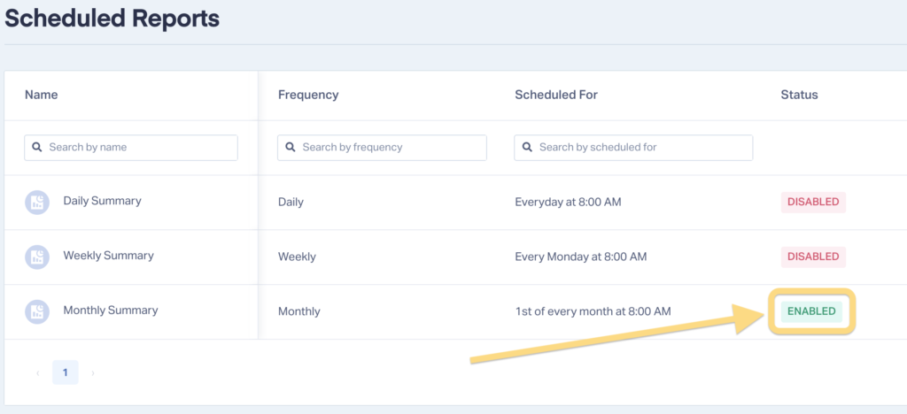 Screenshot of how to see if a Scheduled Report is enabled in WhatConverts.
