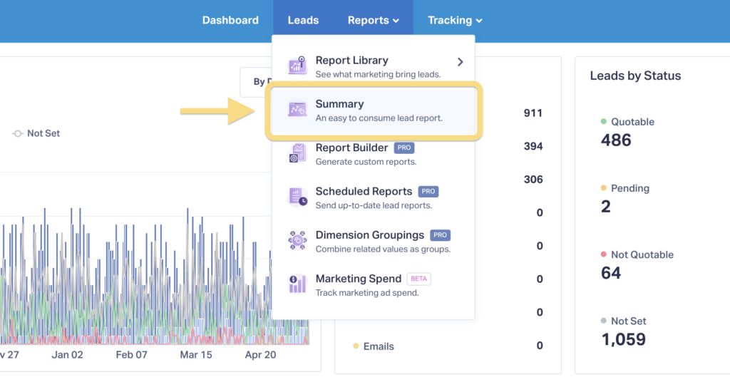 Screenshot of how to get to the Summary Report (Reports and then Summary)