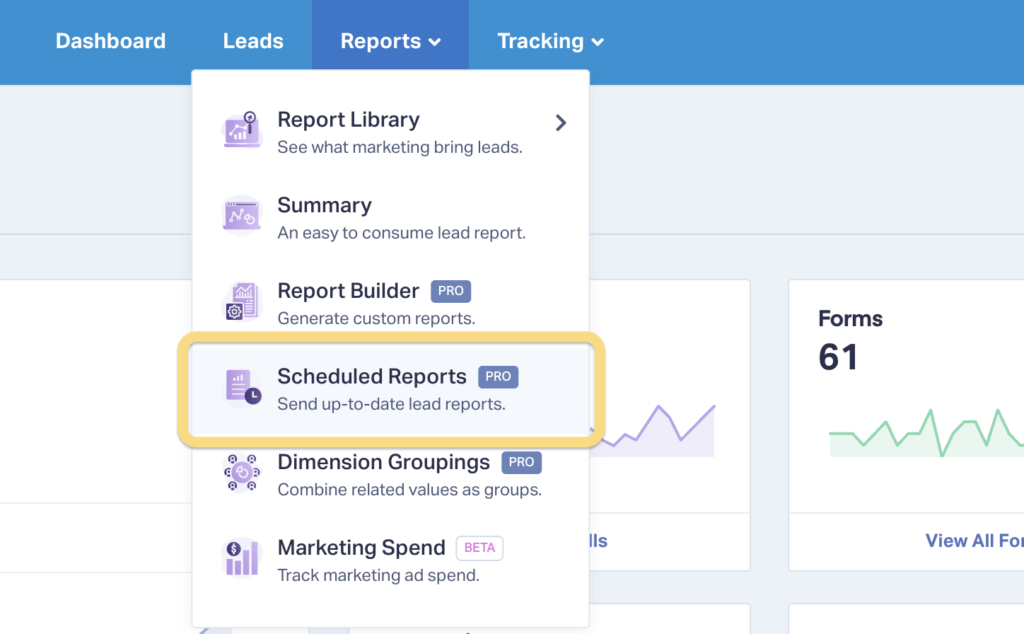 Screenshot of how to access Scheduled Reports in WhatConverts.