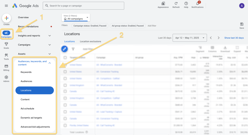 Screenshot of Google Ads interface showing where to find location and ad schedule settings.