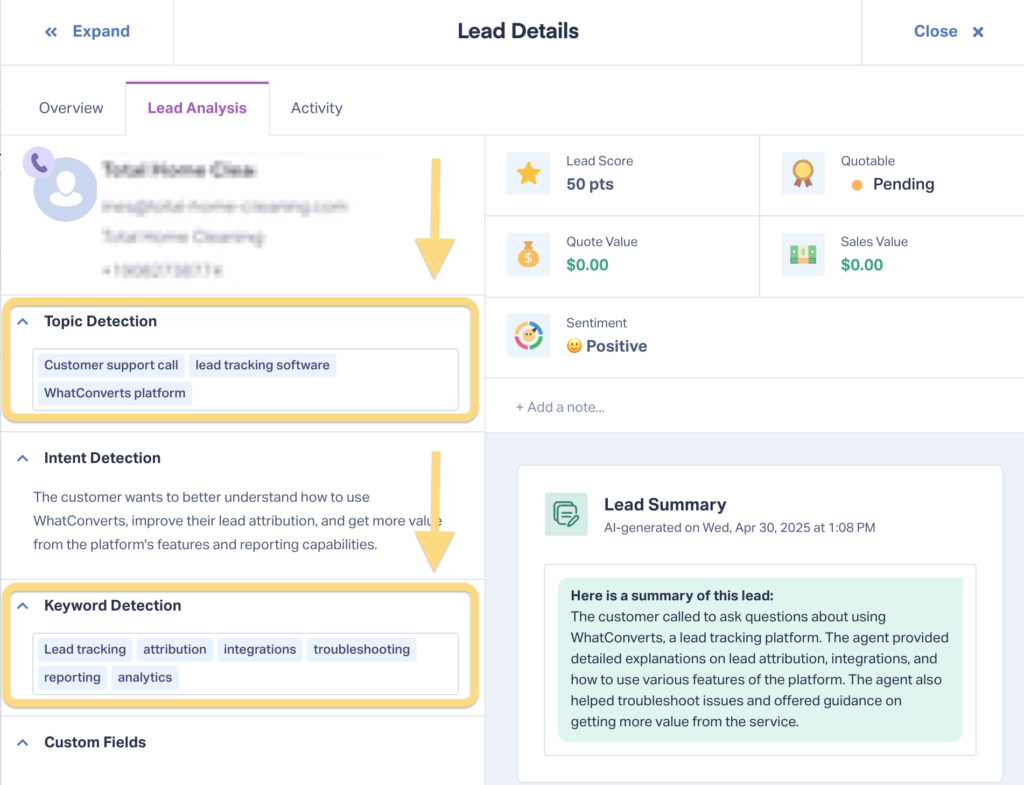 Screenshot of WhatConverts showing where to find keywords and topics pulled from calls by AI-powered Lead Analysis.