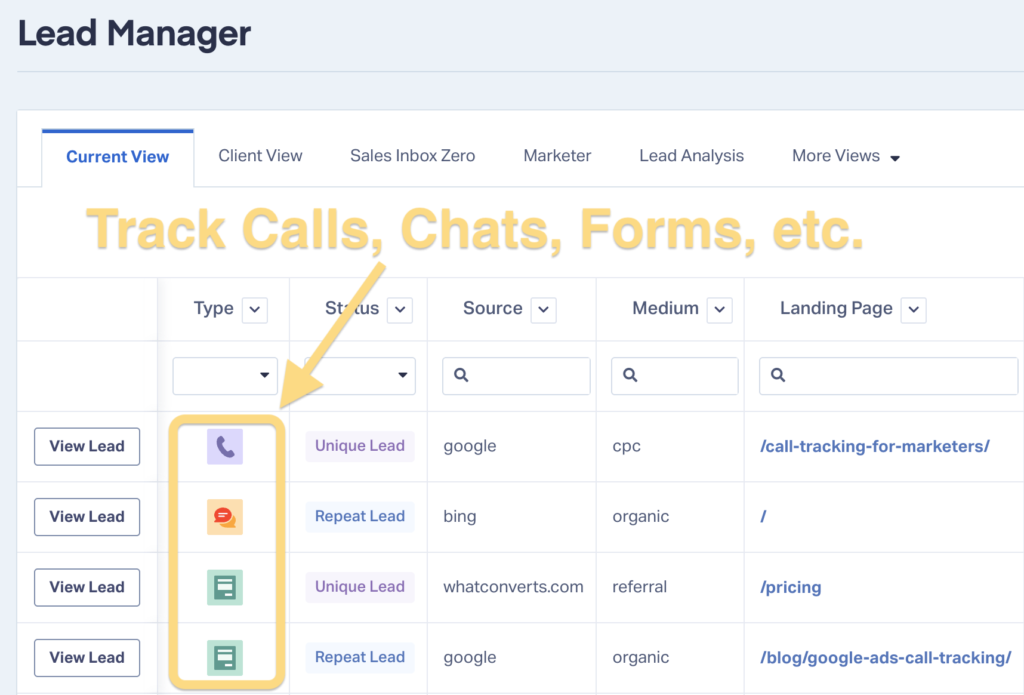 Screenshot of WhatConverts showing all the conversion actions together in the Lead Manager