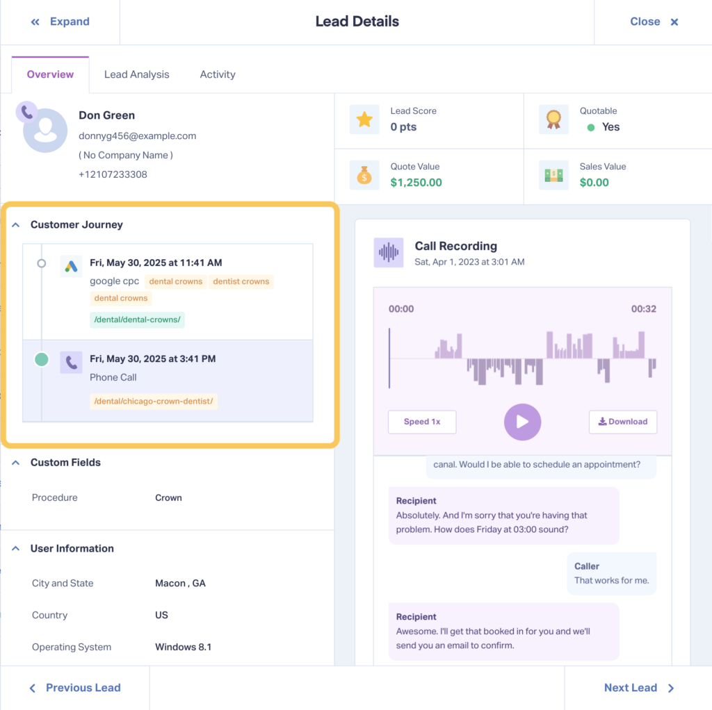 Screenshot of WhatConverts showing marketing attribution data for a lead.
