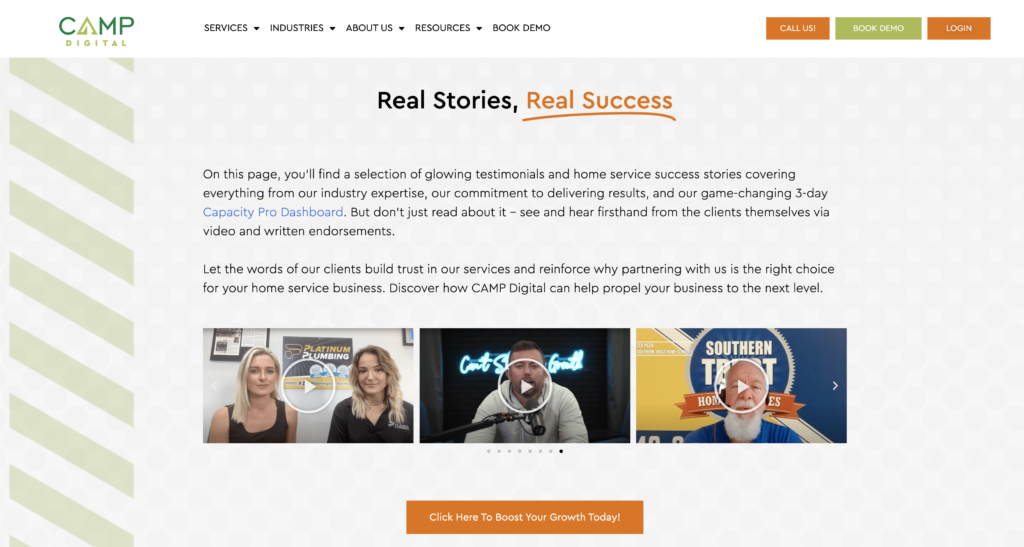 Screenshot of CAMP Digital's testimonials page showing video testimonials.